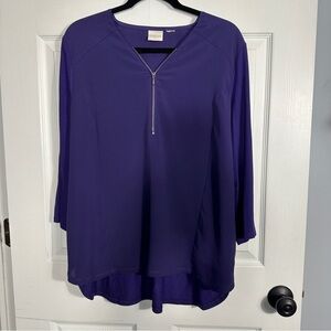 Chico's top, no size tag, zip front to v-neck, 3/4 slv., spring, date night